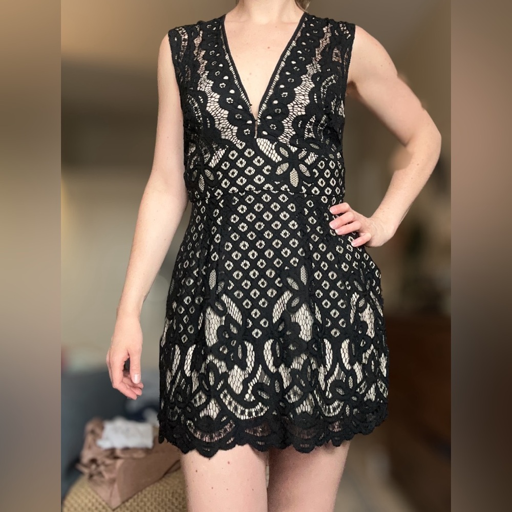 FREE PEOPLE black/nude lace mini dress